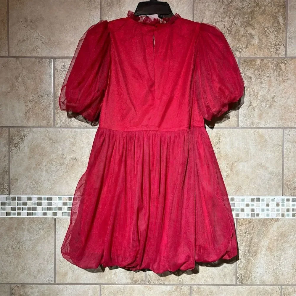 &merci Women's Red Puff Sleeve Mesh A-line Dress Size S Summer Backless